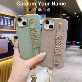 Personalise Name Strap PU Leather Phone Case For iPhone 11 12 13 14 Pro Max Plus Lanyard Diamond Metal Letter Monogram Cover