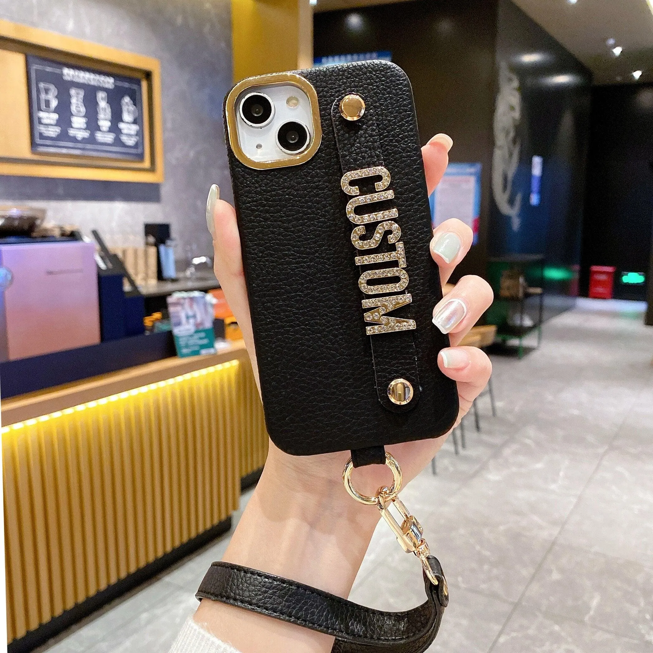 Personalise Name Strap PU Leather Phone Case For iPhone 11 12 13 14 Pro Max Plus Lanyard Diamond Metal Letter Monogram Cover