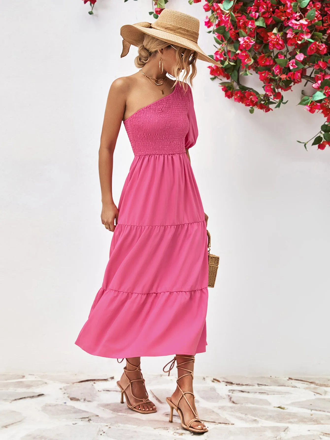 Pink One-Shoulder Vacation Dress