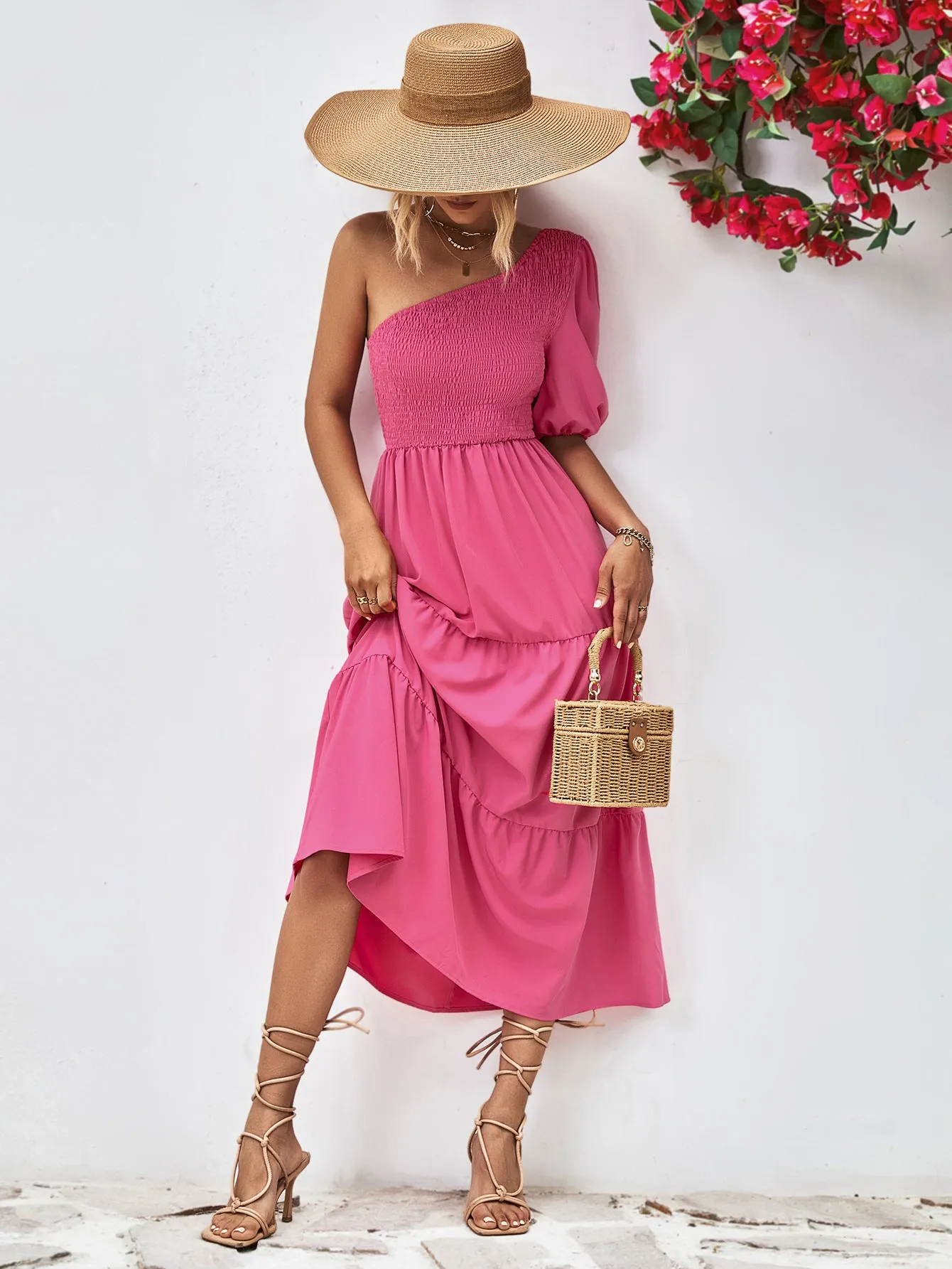 Pink One-Shoulder Vacation Dress