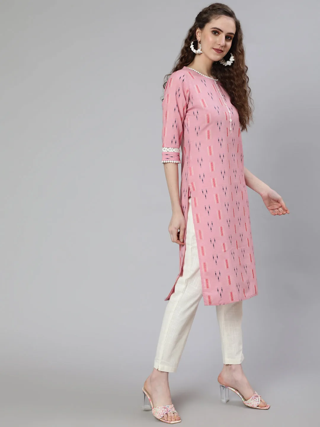 Pink Self Weaved Straight Kurta With Lace Detail And Off-White Pants