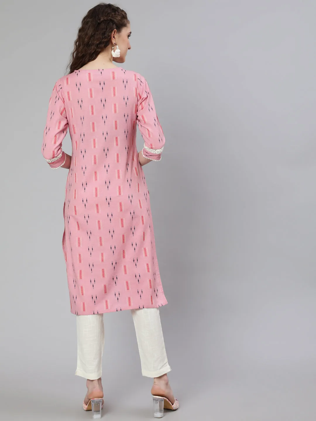 Pink Self Weaved Straight Kurta With Lace Detail And Off-White Pants