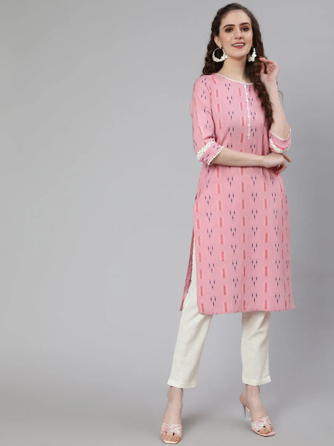 Pink Self Weaved Straight Kurta With Lace Detail And Off-White Pants