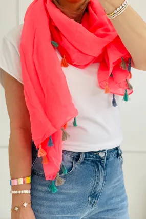 Plain Tassel Scarf | Neon Coral