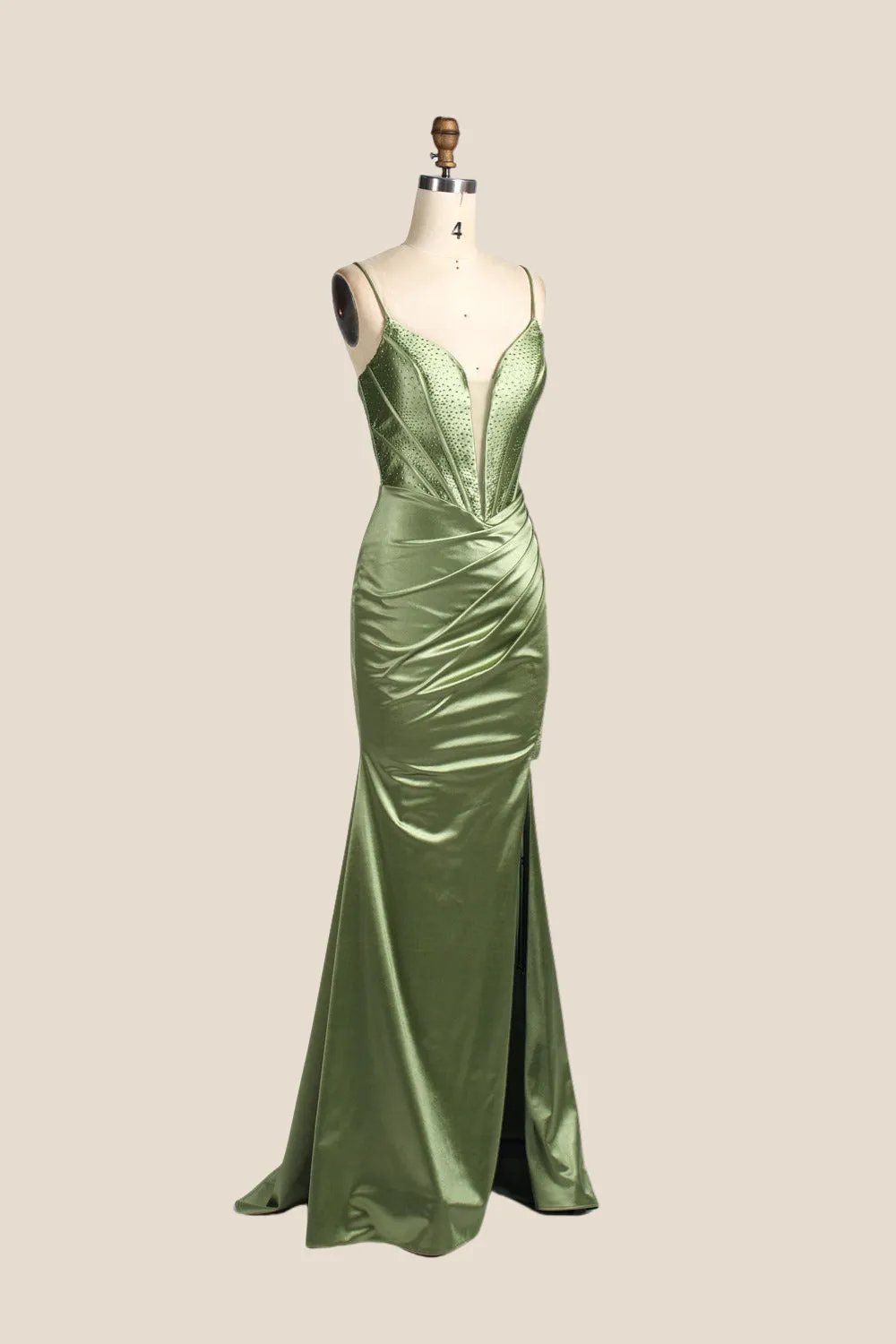 Plunge Neck Sage Beaded Long Dress with Slit