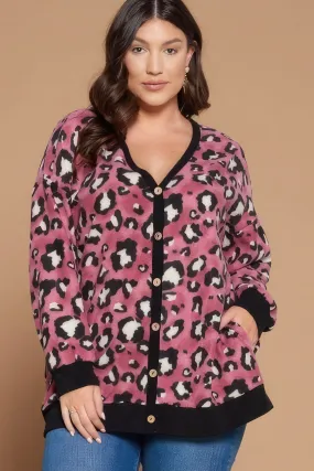 Plus Size Cozy Animal Mir Print With Brush Button Up Cardigan