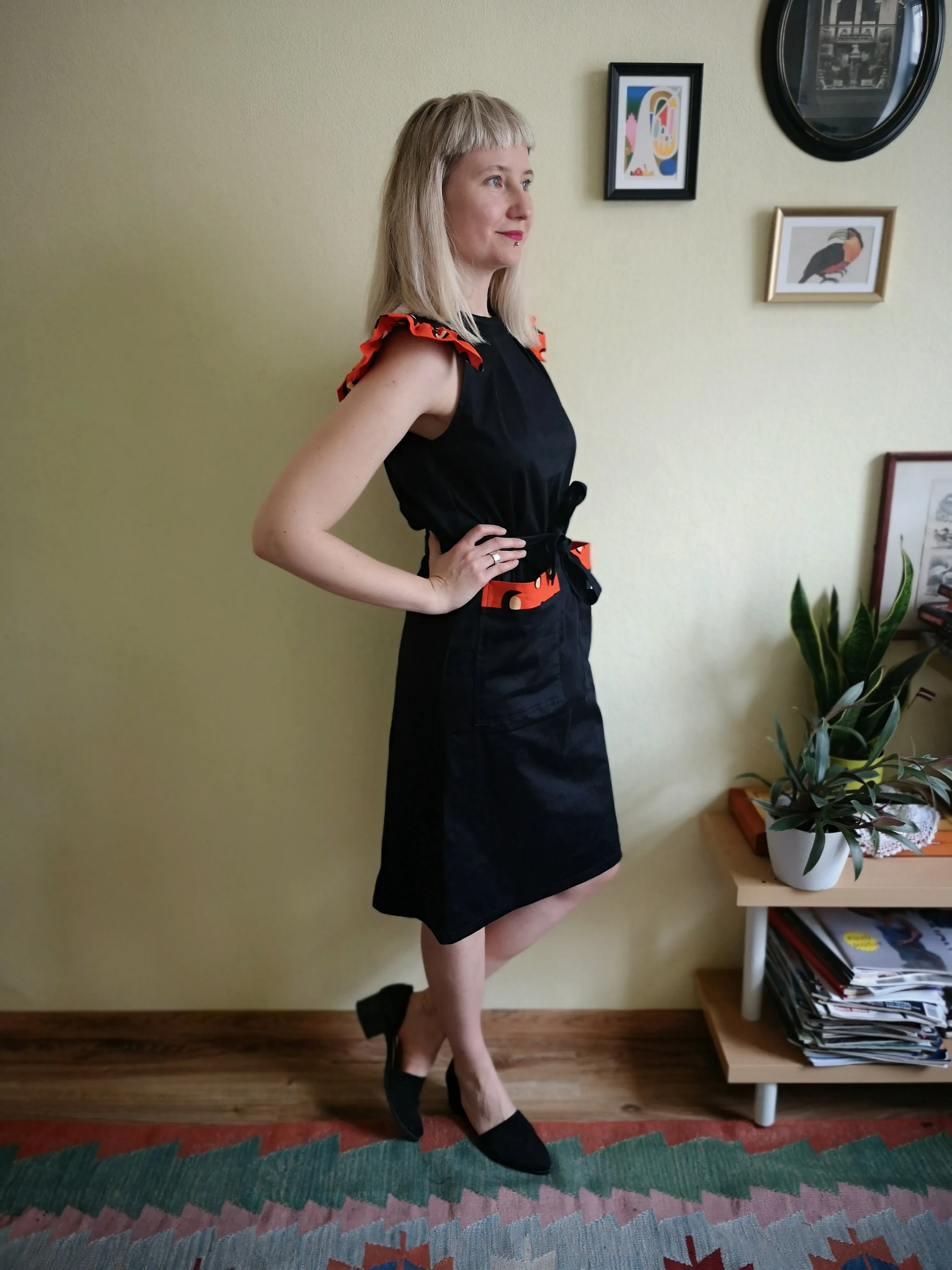 Powerful and Fun Black Cotton Space Princess Aviators Straight Pencil dress with Contrasting Orange-Red Wings