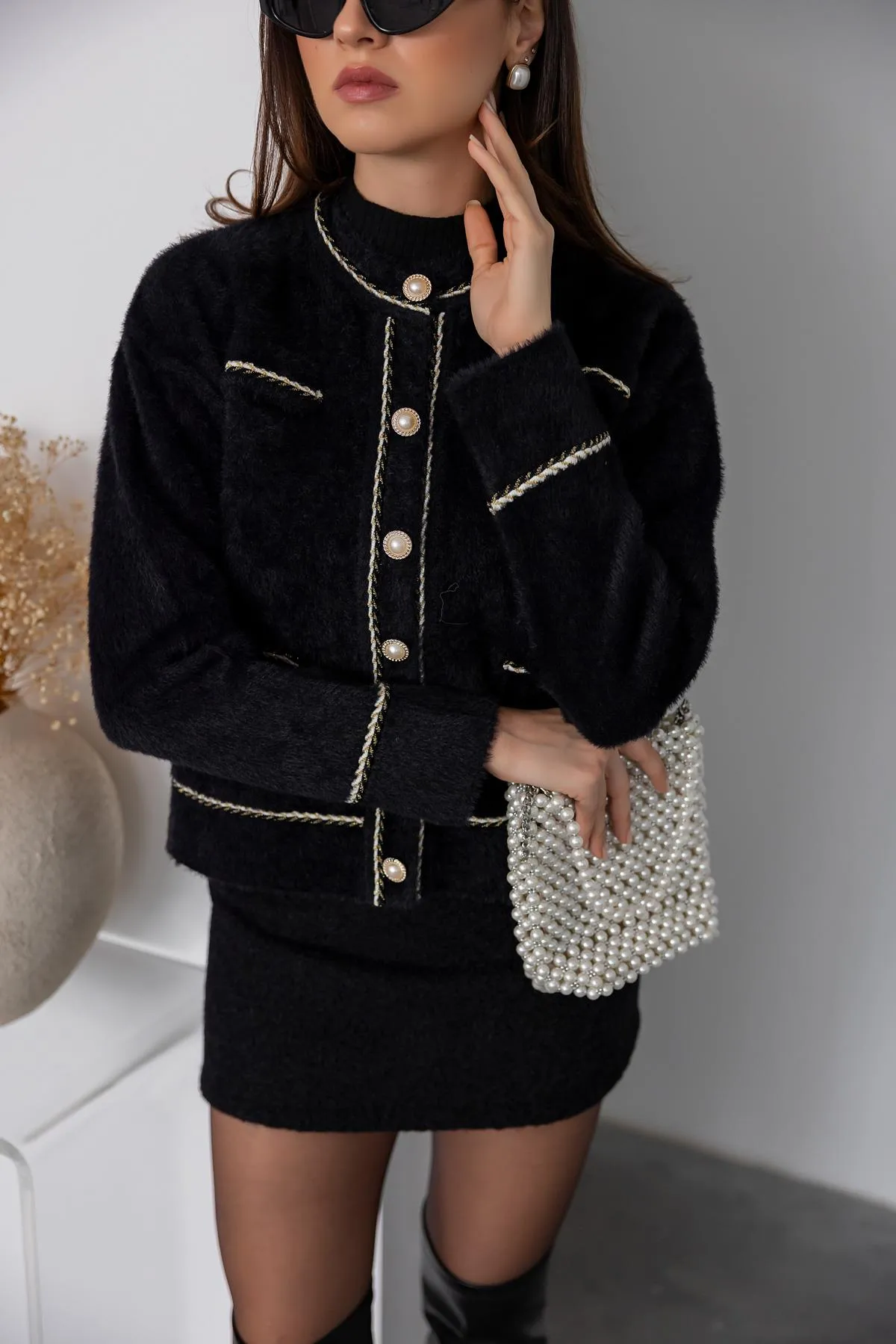 Premium Pearl Button Cardigan - BLACK