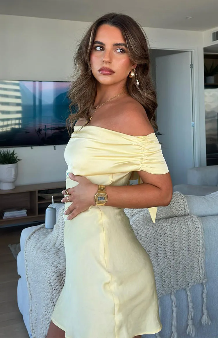 Primrose Yellow Satin Off the Shoulder Mini Dress