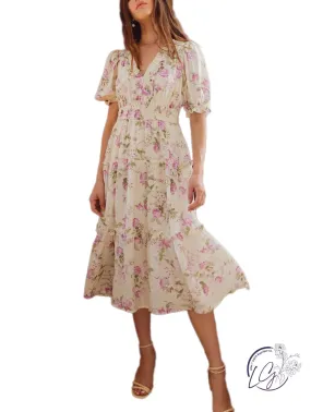 Puff Sleeve Floral Midi Dress