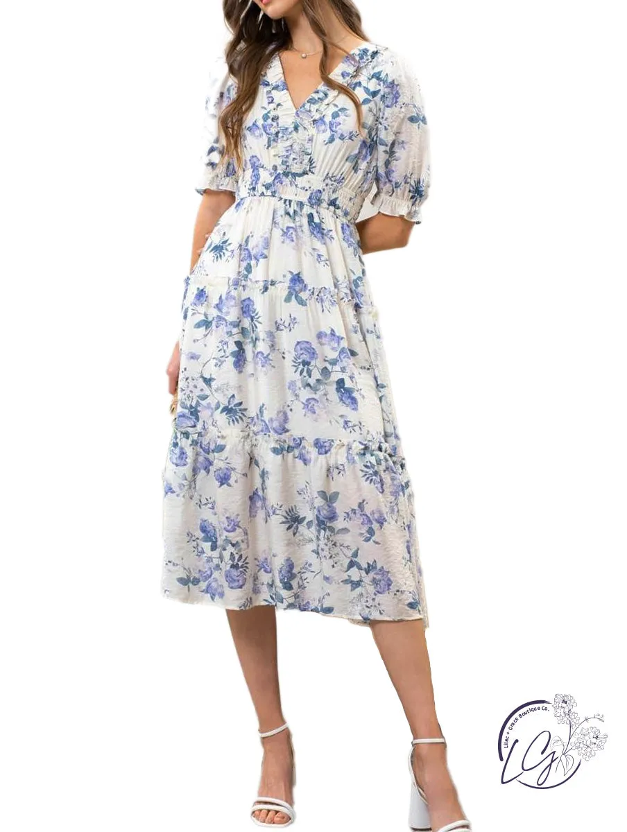 Puff Sleeve Floral Midi Dress