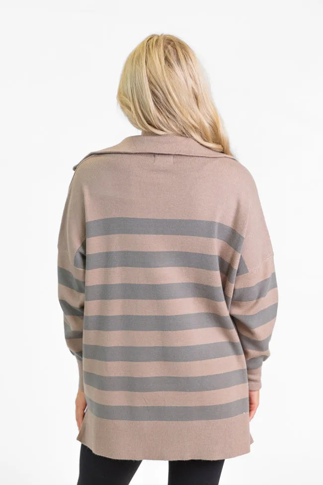 Pulling Heartstrings Taupe Striped Quarter Zip Pullover