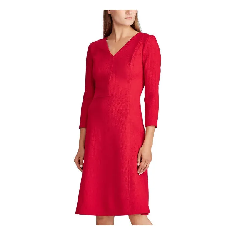 RALPH LAUREN Long Sleeved V Neck Shift Dress in Red