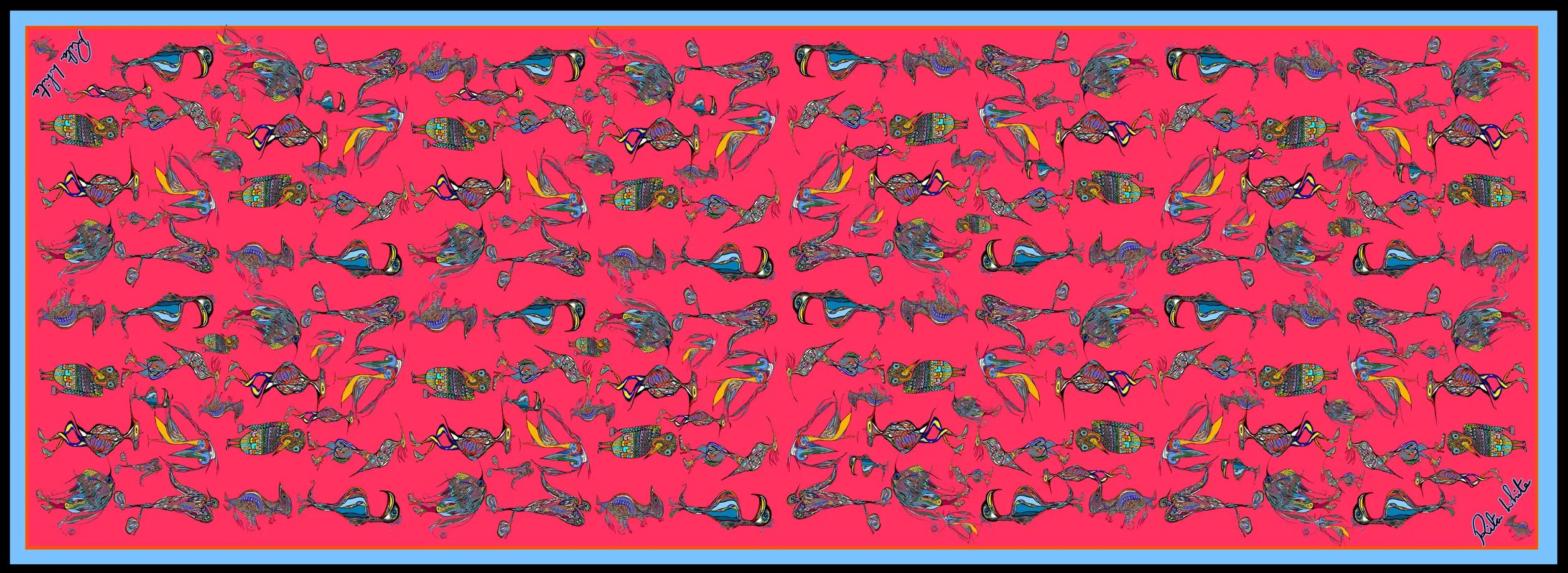 Red Birds Wearing Shoes, 100% Silk Twill, Long Rectangular Scarf