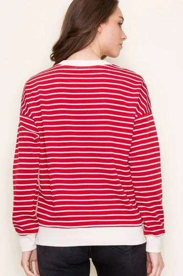 Red Color Contrasted Bands Texture Striped Long Sleeve Pullover