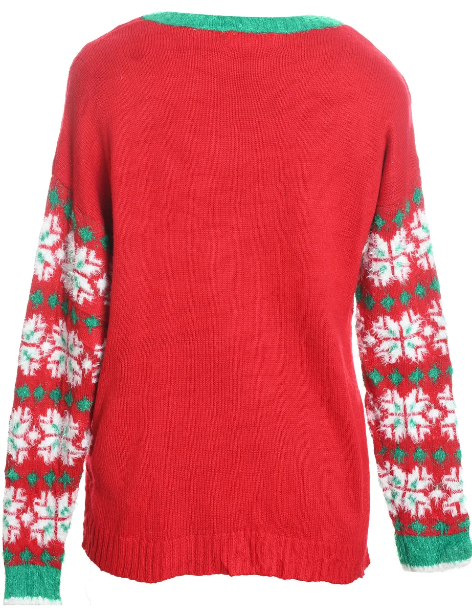 Reindeer Design Red & Green Knit Christmas Jumper - L