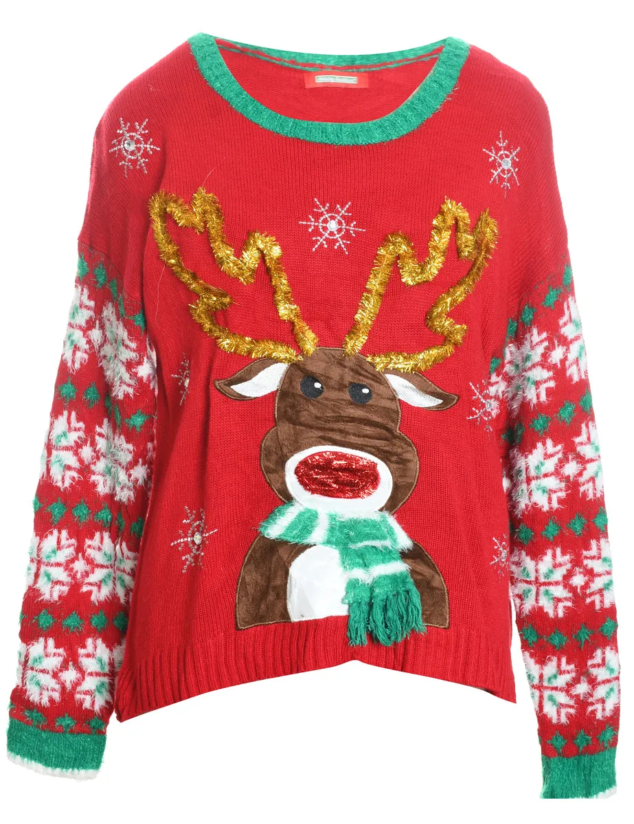 Reindeer Design Red & Green Knit Christmas Jumper - L