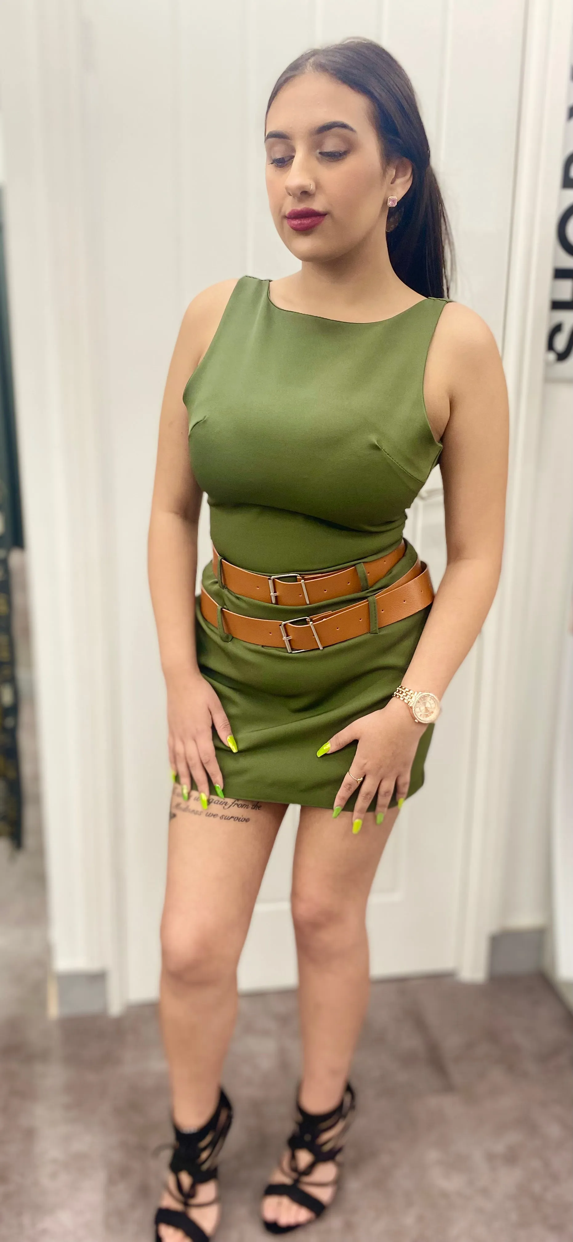 ROSIE KHAKI DOUBLE BELTED STRETCH SLEEVELESS MINI DRESS