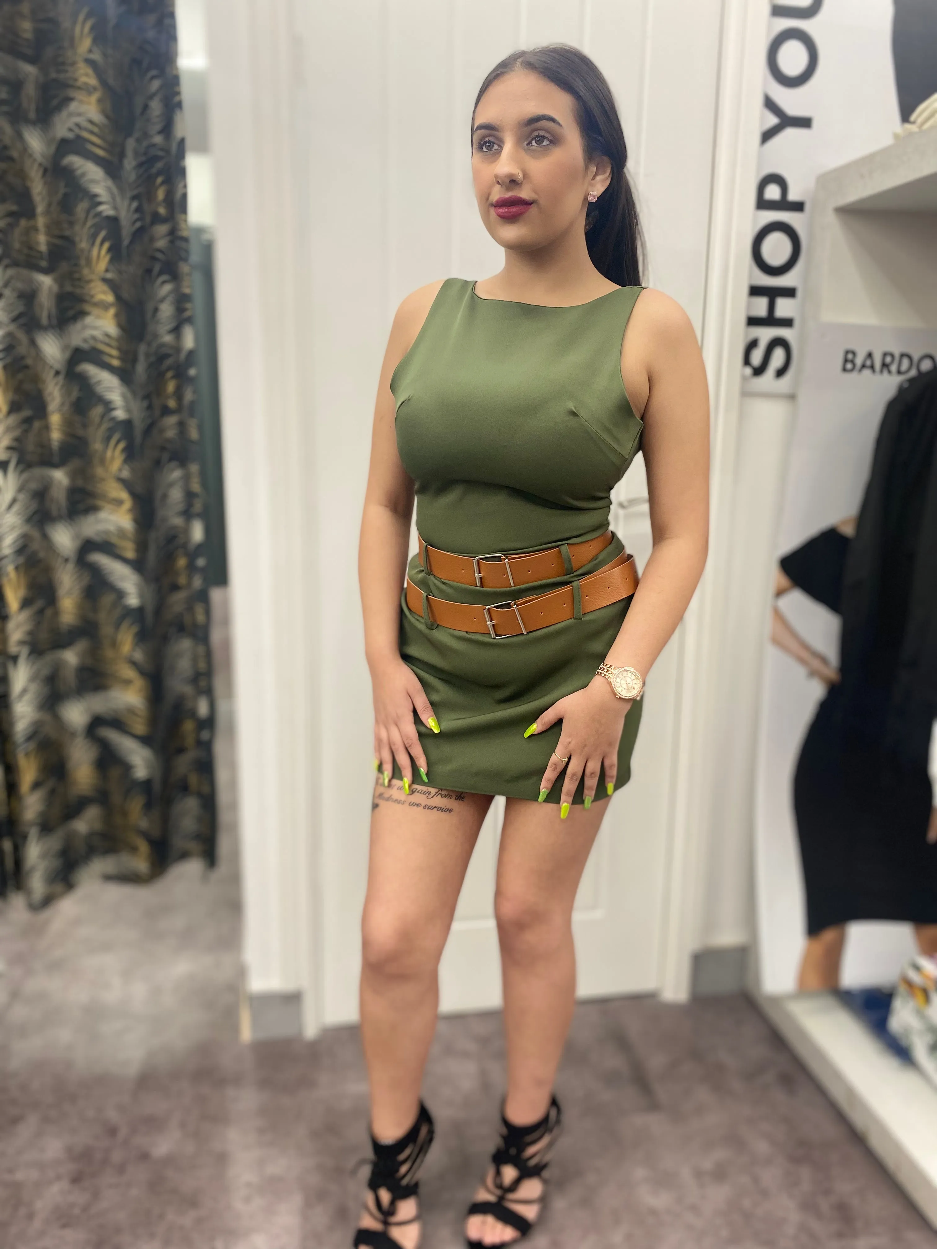 ROSIE KHAKI DOUBLE BELTED STRETCH SLEEVELESS MINI DRESS