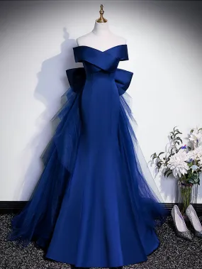 Royal Blue Mermaid Satin Long Prom Dress, Off Shoulder Blue Evening Dress