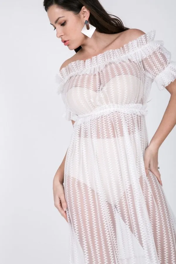 Sheer Mesh Ruffled Off Shoulder Dress