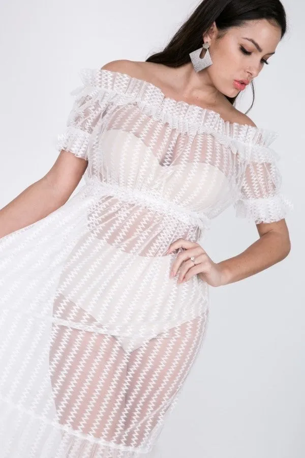 Sheer Mesh Ruffled Off Shoulder Dress