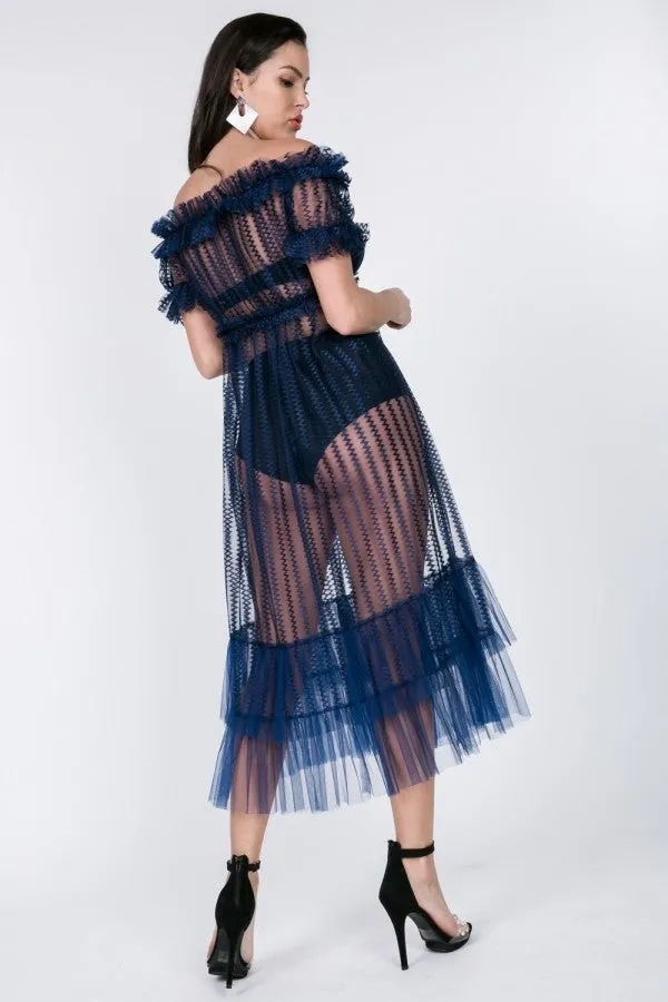 Sheer Mesh Ruffled Off Shoulder Dress