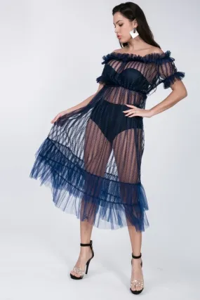 Sheer Mesh Ruffled Off Shoulder Dress