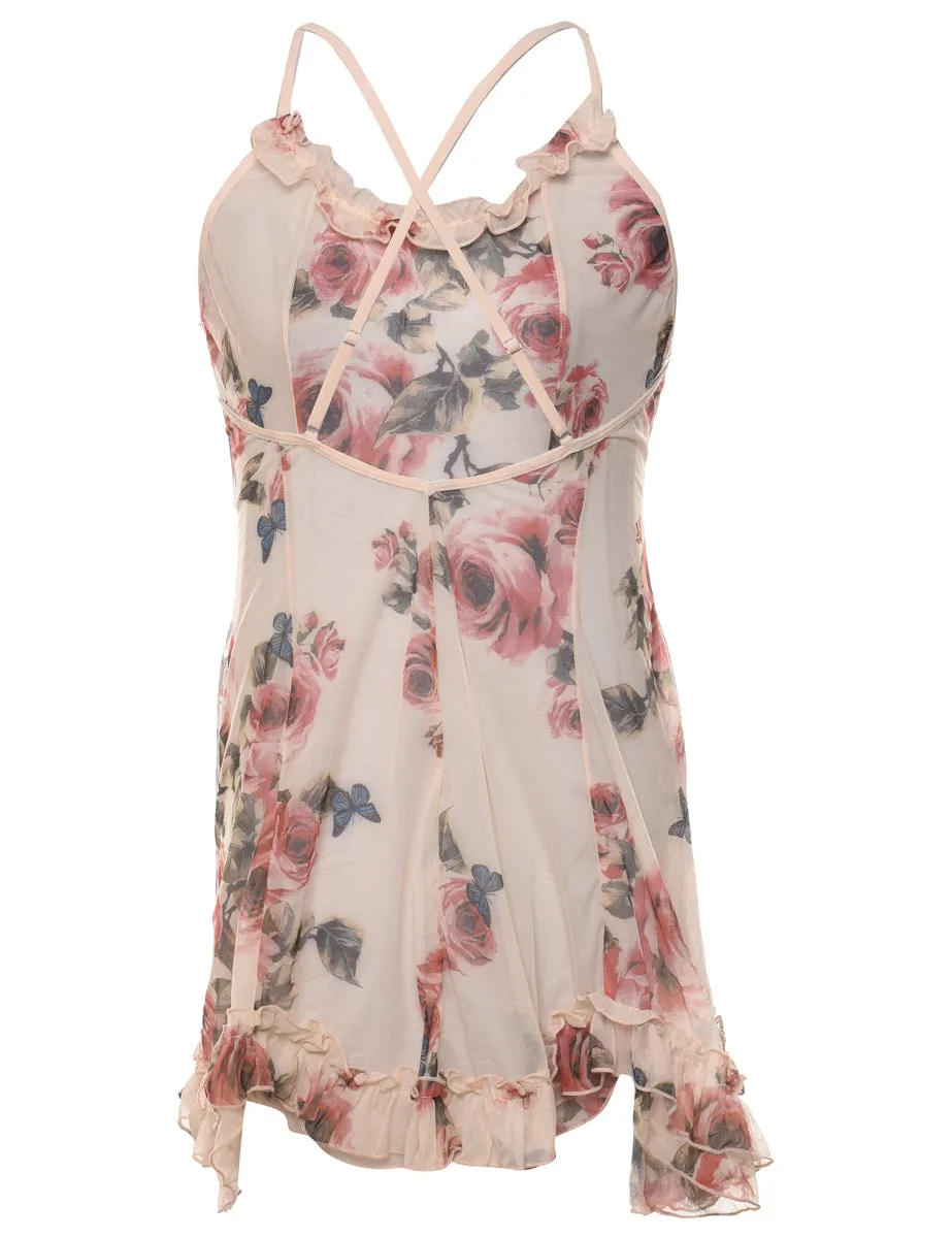 Sheer Multi-Colour Strappy Floral Slip Dress - M