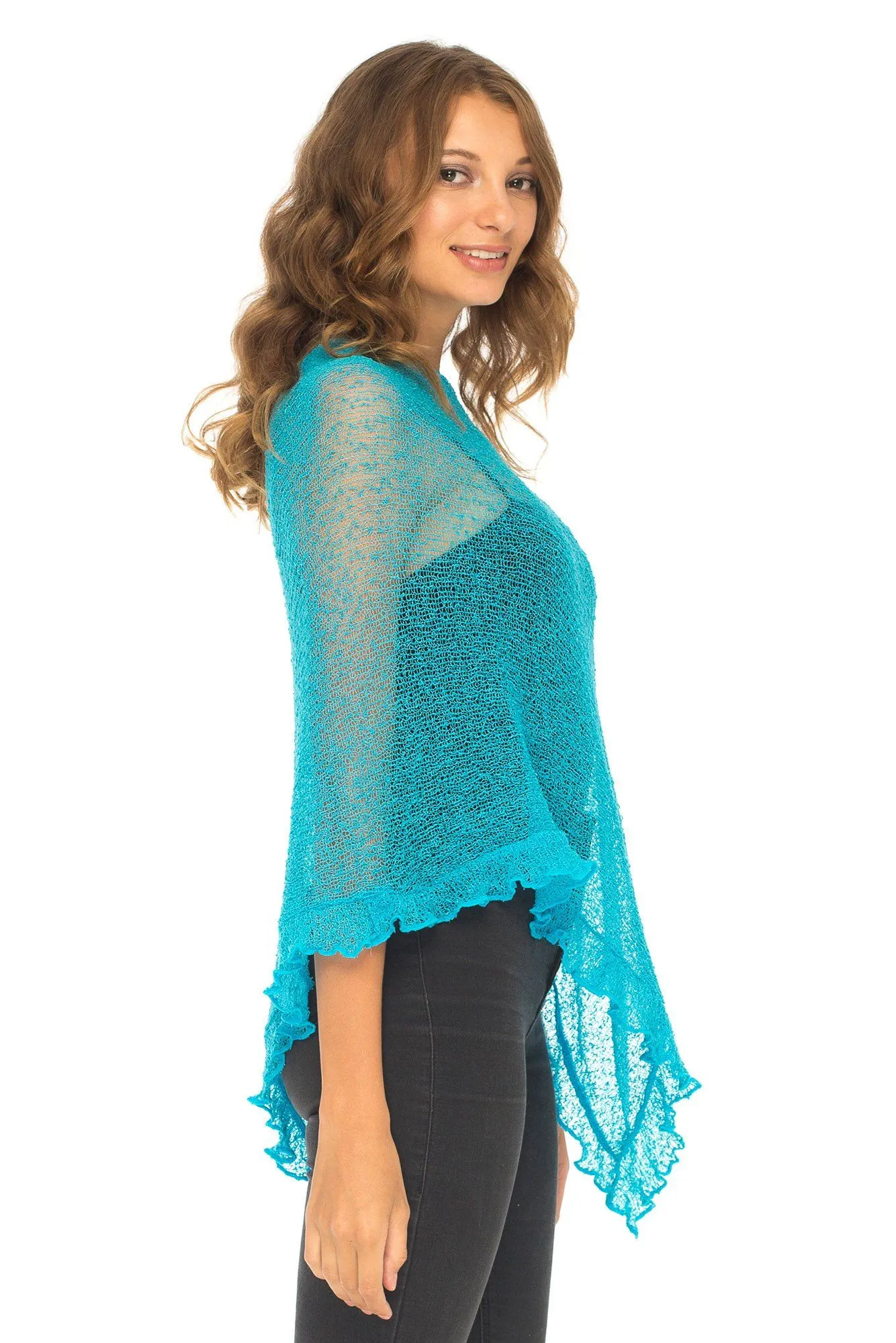 SHU-SHI Womens Sheer Poncho Shrug Lightweight Knit Ruffle Pullover Sweater Top