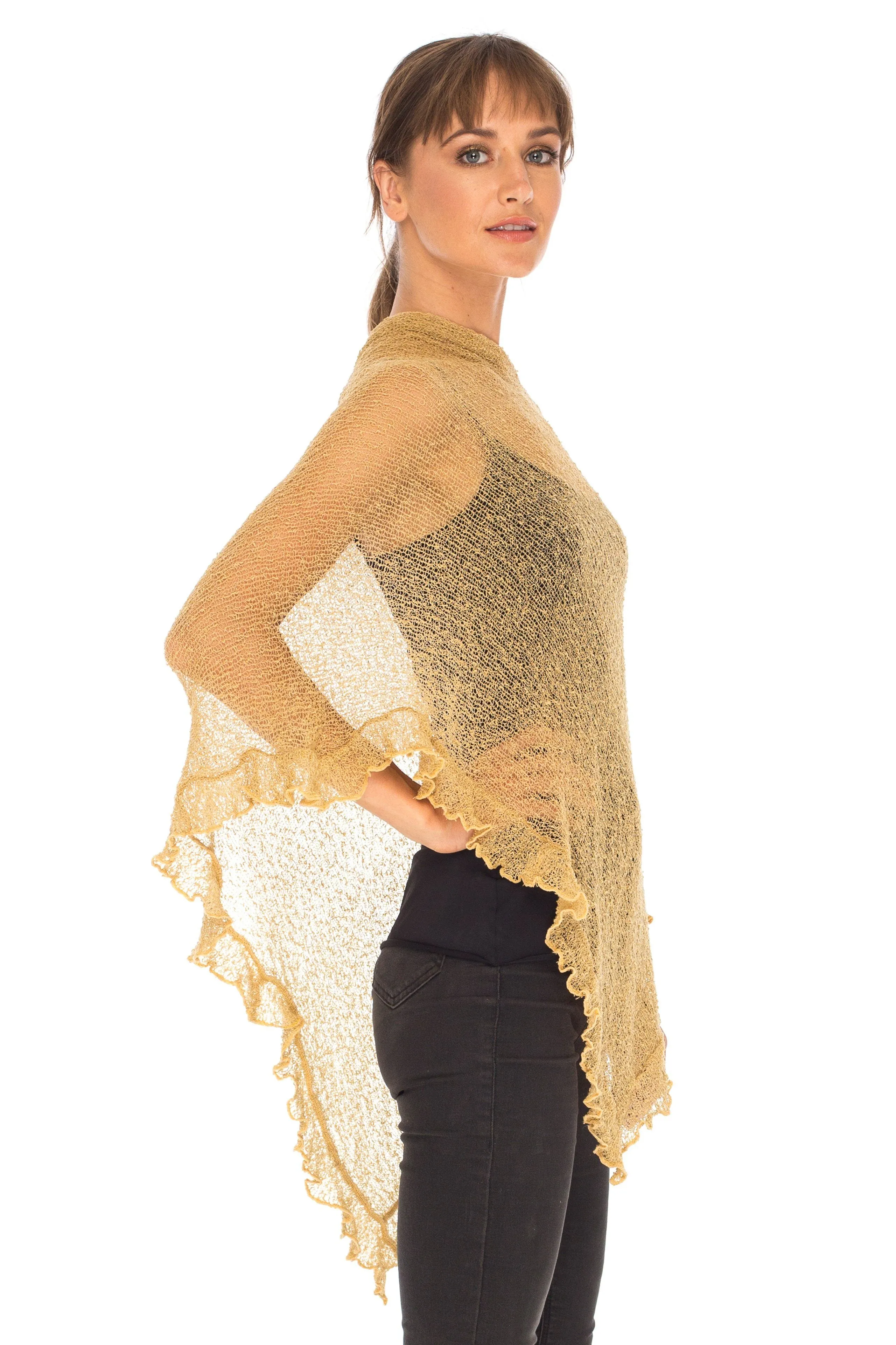 SHU-SHI Womens Sheer Poncho Shrug Lightweight Knit Ruffle Pullover Sweater Top