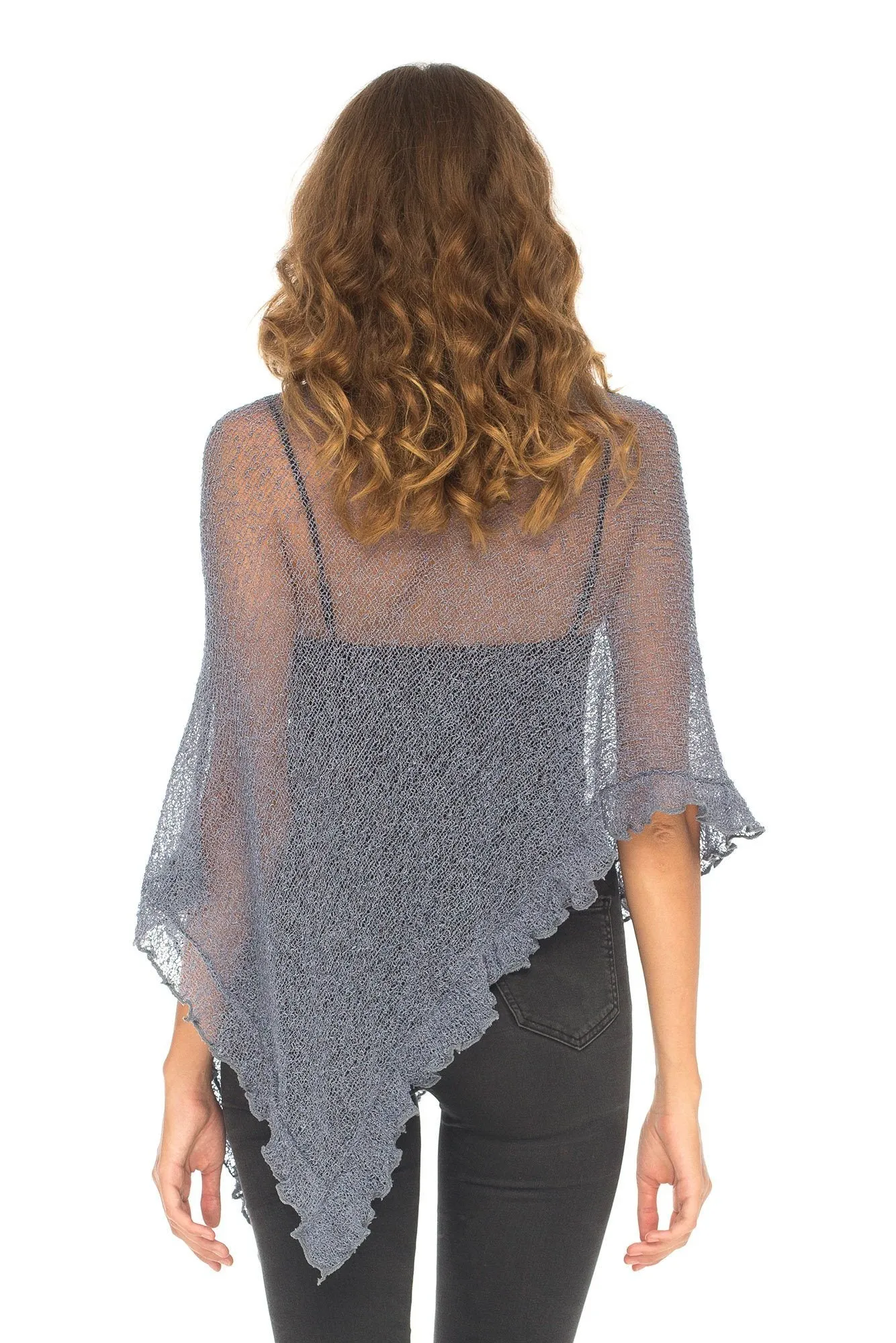 SHU-SHI Womens Sheer Poncho Shrug Lightweight Knit Ruffle Pullover Sweater Top