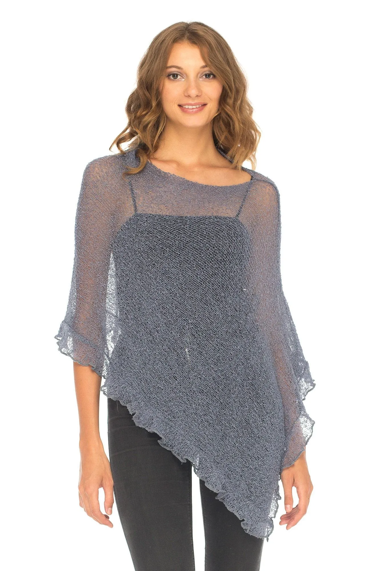 SHU-SHI Womens Sheer Poncho Shrug Lightweight Knit Ruffle Pullover Sweater Top