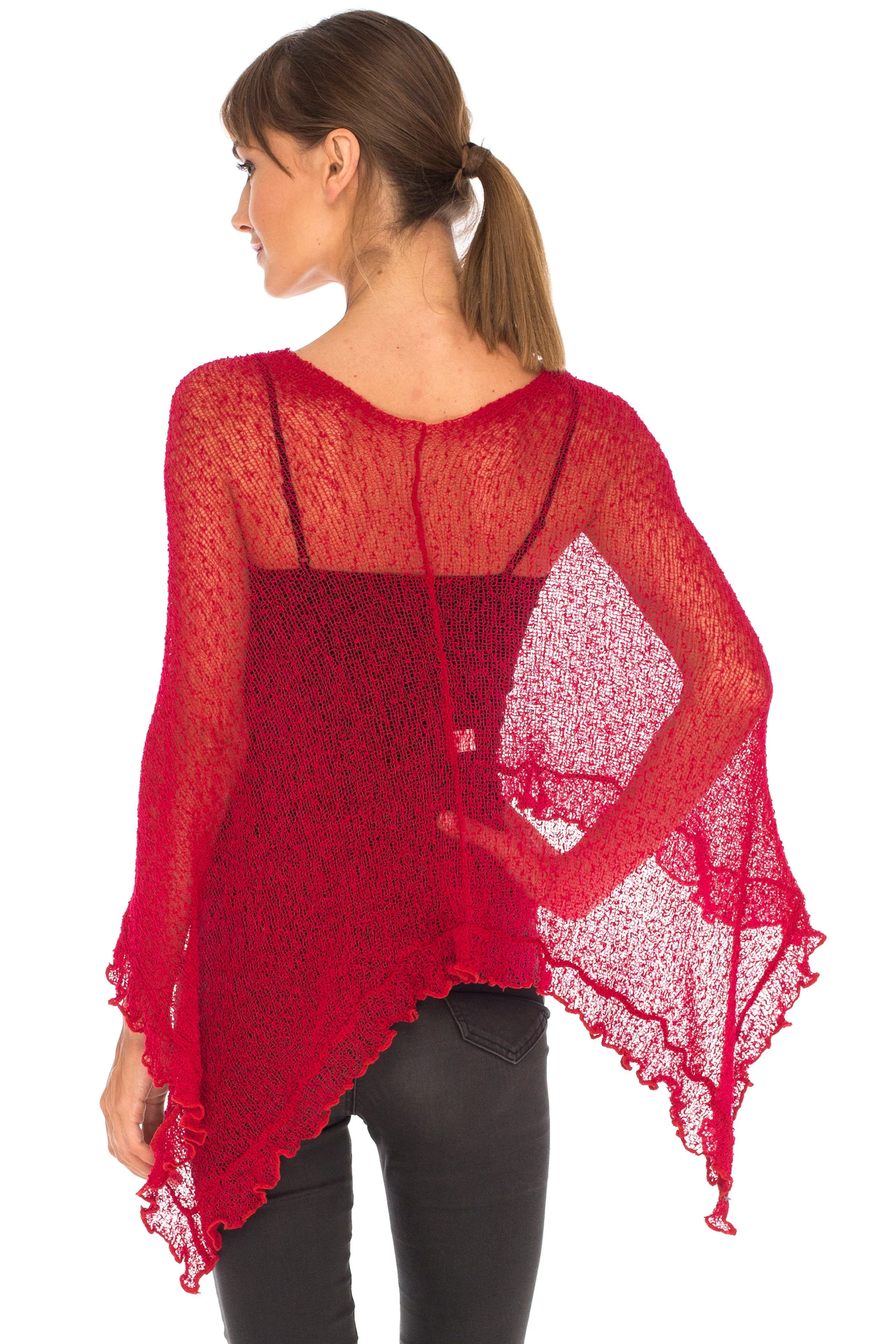 SHU-SHI Womens Sheer Poncho Shrug Lightweight Knit Ruffle Pullover Sweater Top