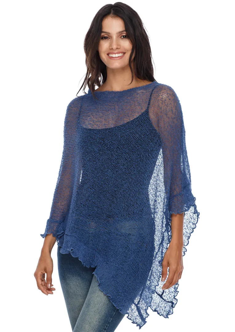 SHU-SHI Womens Sheer Poncho Shrug Lightweight Knit Ruffle Pullover Sweater Top