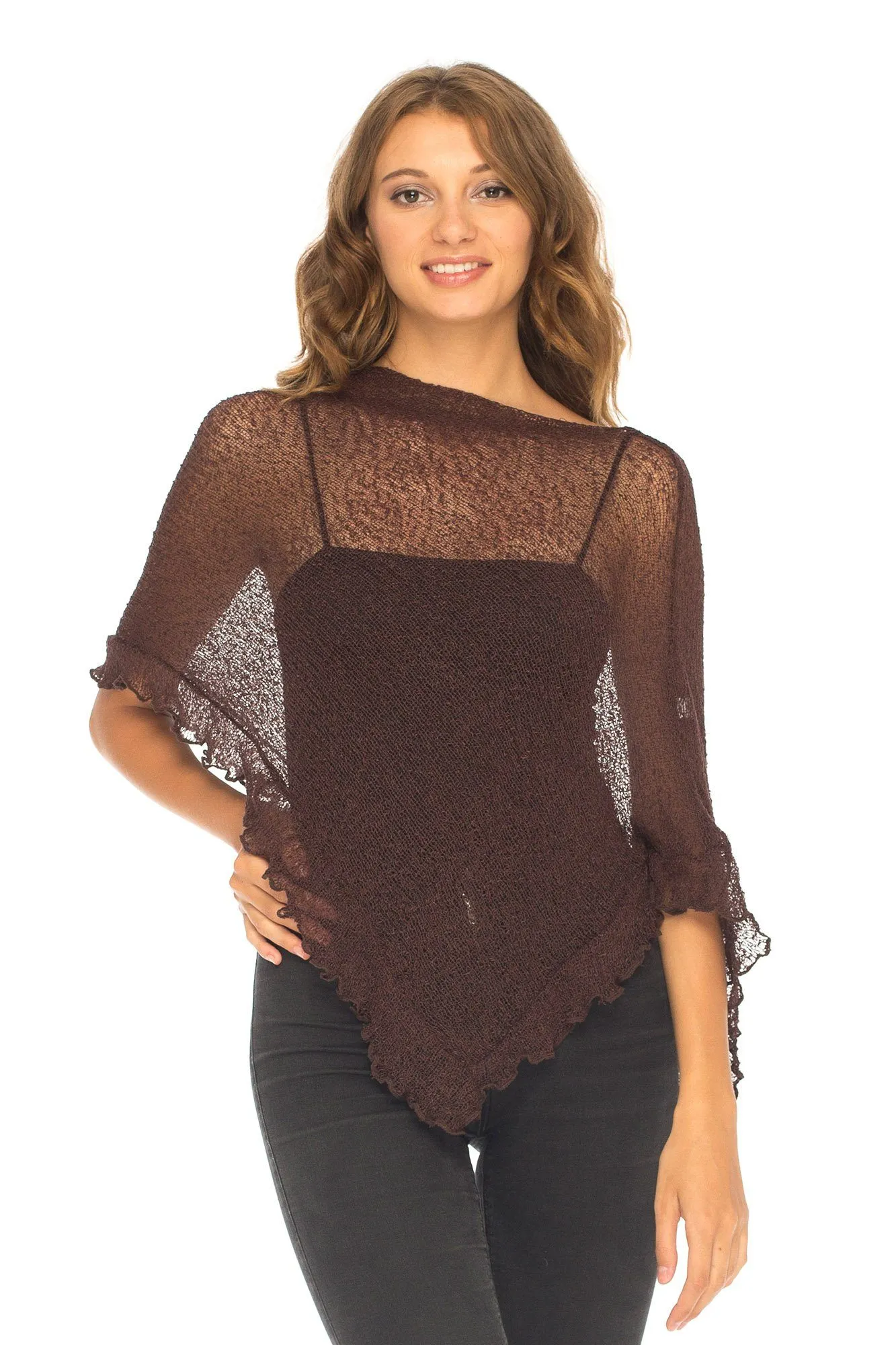 SHU-SHI Womens Sheer Poncho Shrug Lightweight Knit Ruffle Pullover Sweater Top