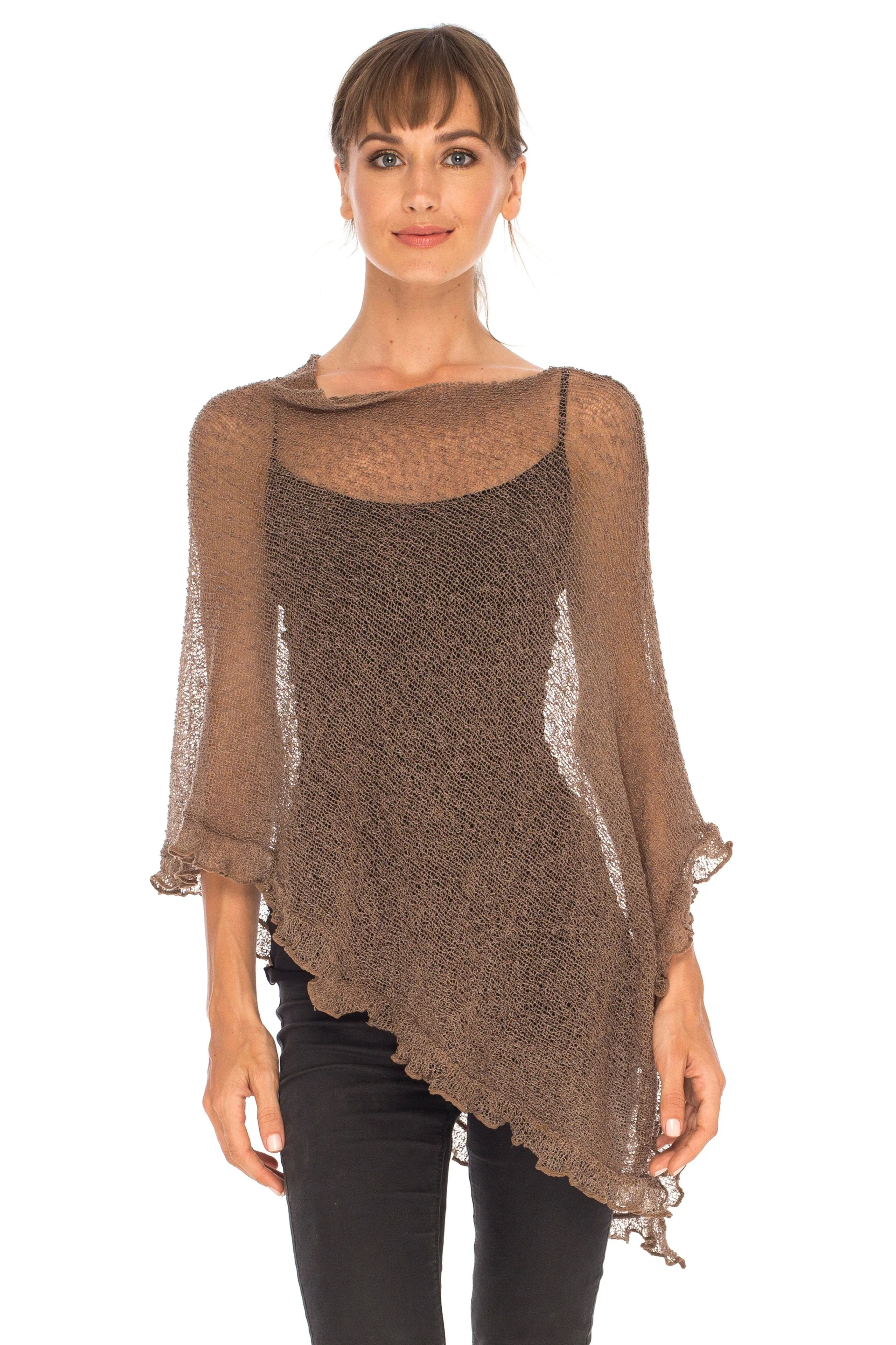 SHU-SHI Womens Sheer Poncho Shrug Lightweight Knit Ruffle Pullover Sweater Top