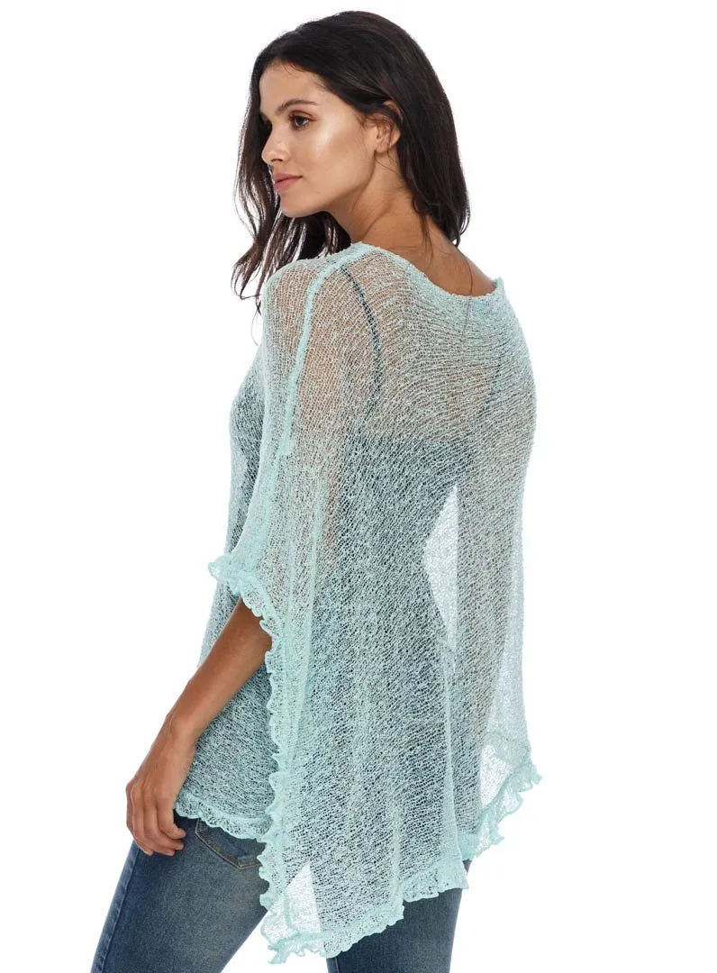 SHU-SHI Womens Sheer Poncho Shrug Lightweight Knit Ruffle Pullover Sweater Top