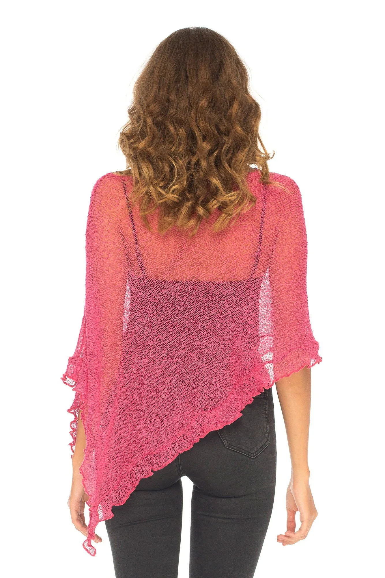 SHU-SHI Womens Sheer Poncho Shrug Lightweight Knit Ruffle Pullover Sweater Top