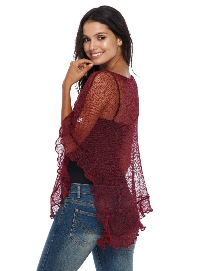 SHU-SHI Womens Sheer Poncho Shrug Lightweight Knit Ruffle Pullover Sweater Top