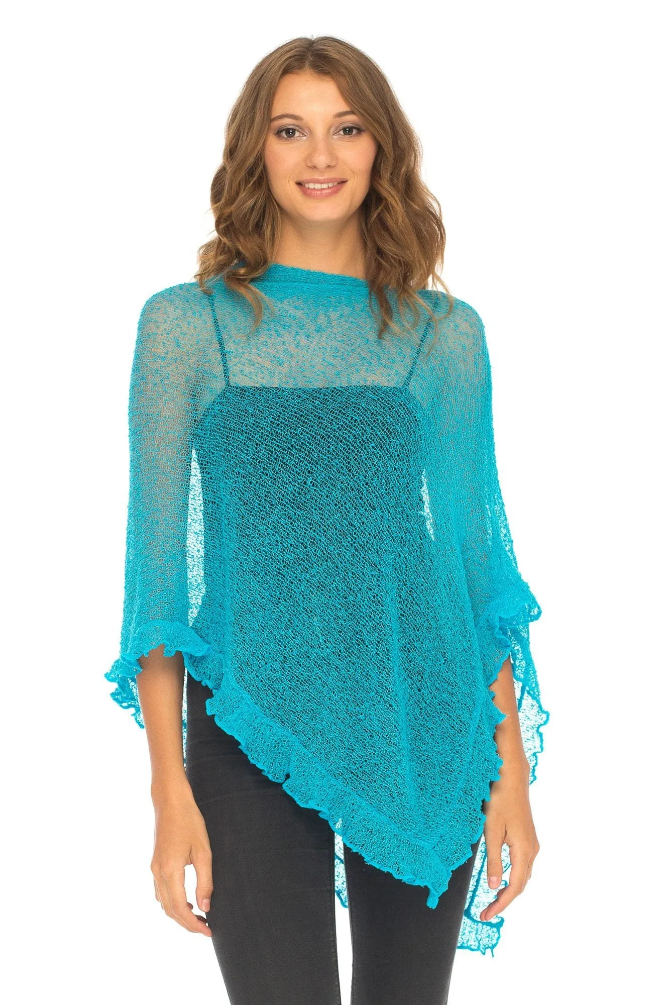 SHU-SHI Womens Sheer Poncho Shrug Lightweight Knit Ruffle Pullover Sweater Top