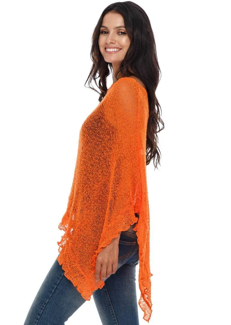 SHU-SHI Womens Sheer Poncho Shrug Lightweight Knit Ruffle Pullover Sweater Top