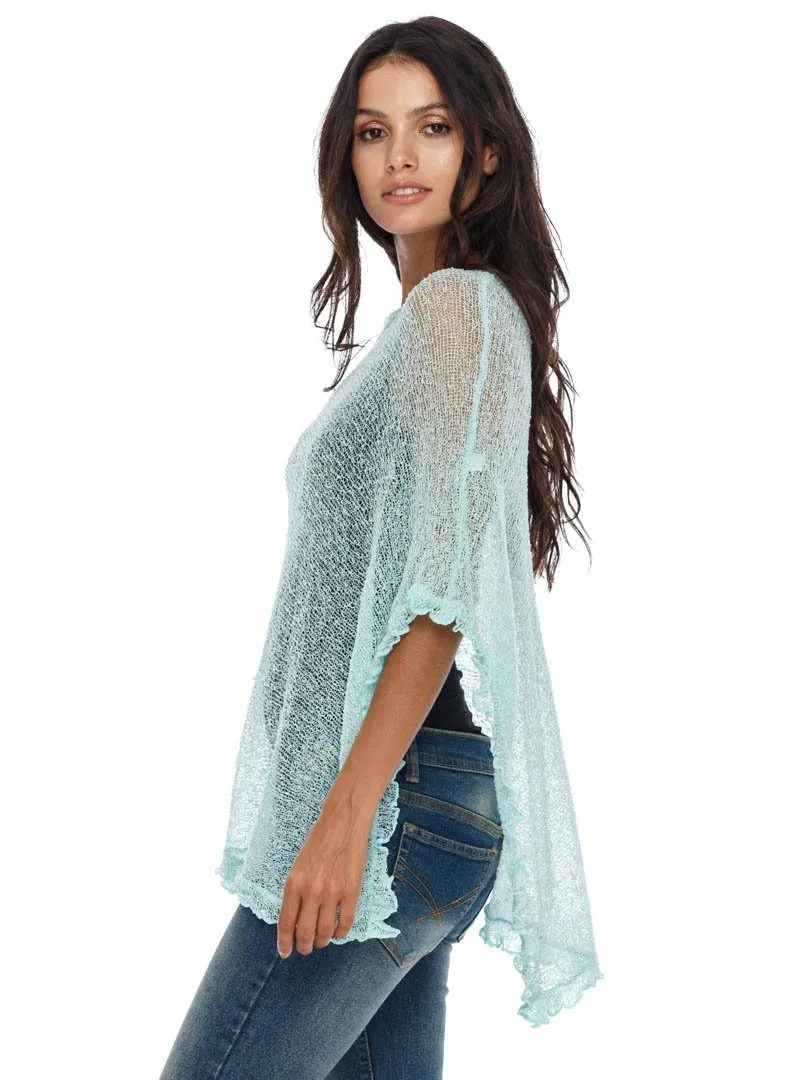 SHU-SHI Womens Sheer Poncho Shrug Lightweight Knit Ruffle Pullover Sweater Top