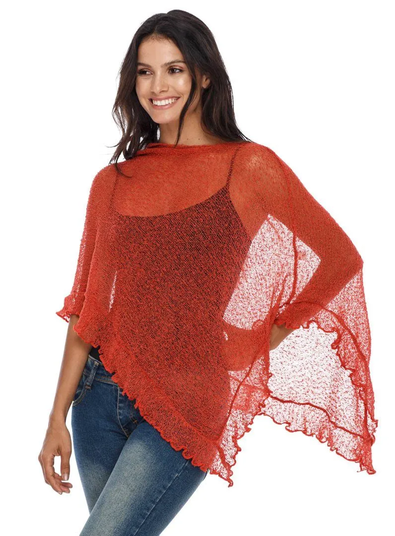 SHU-SHI Womens Sheer Poncho Shrug Lightweight Knit Ruffle Pullover Sweater Top