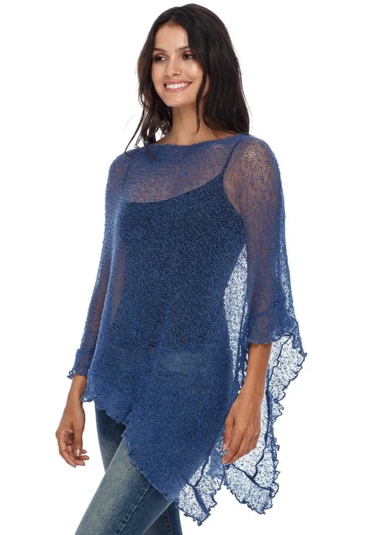 SHU-SHI Womens Sheer Poncho Shrug Lightweight Knit Ruffle Pullover Sweater Top