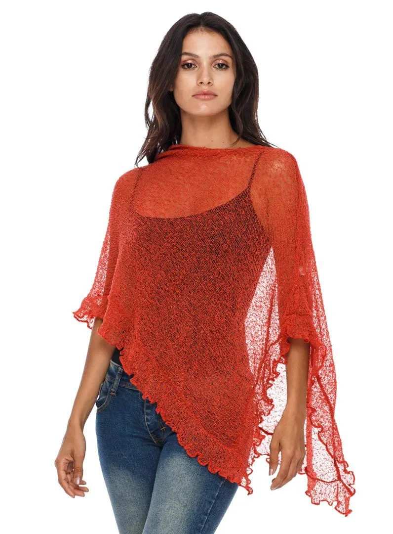 SHU-SHI Womens Sheer Poncho Shrug Lightweight Knit Ruffle Pullover Sweater Top