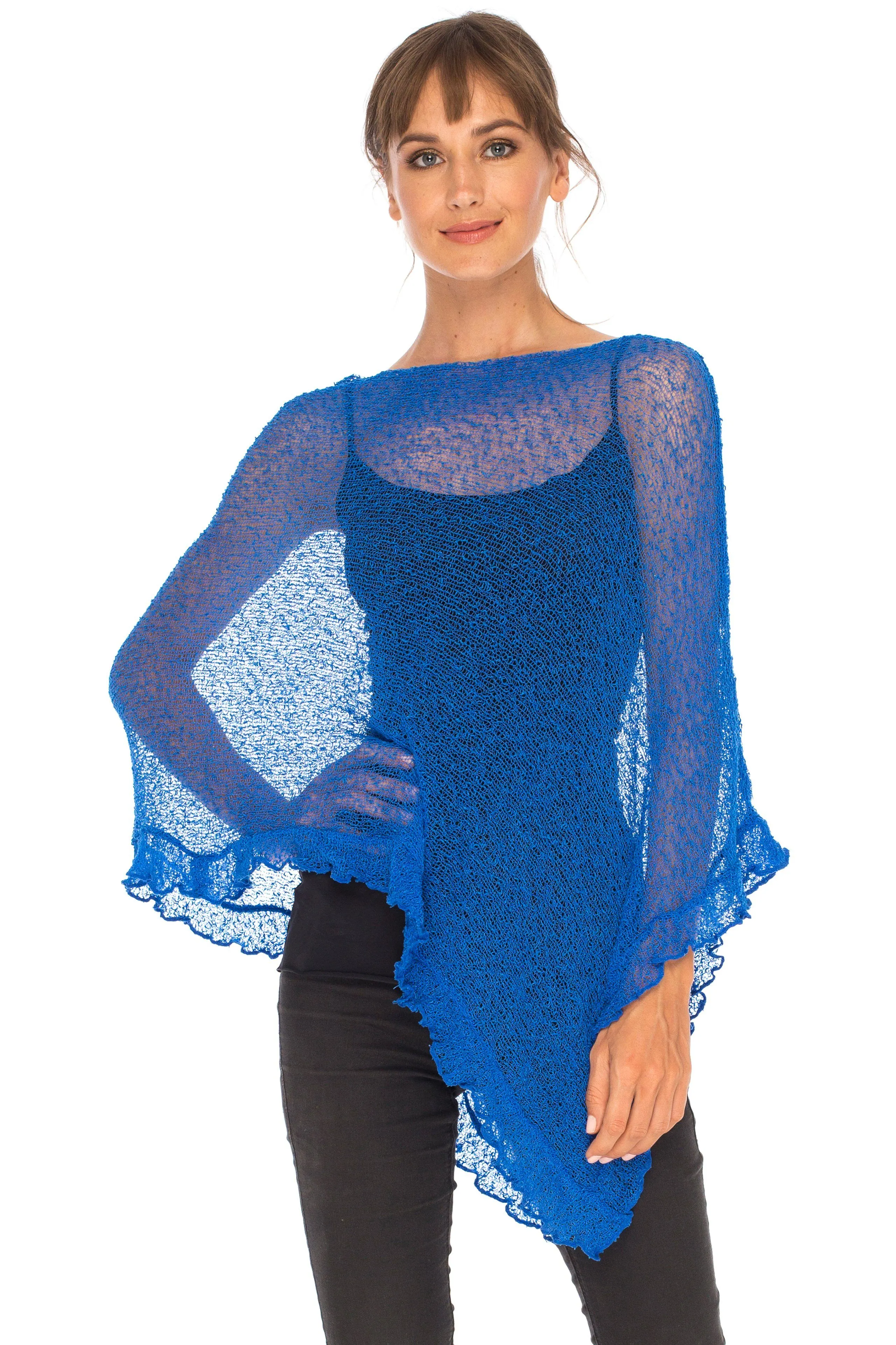 SHU-SHI Womens Sheer Poncho Shrug Lightweight Knit Ruffle Pullover Sweater Top