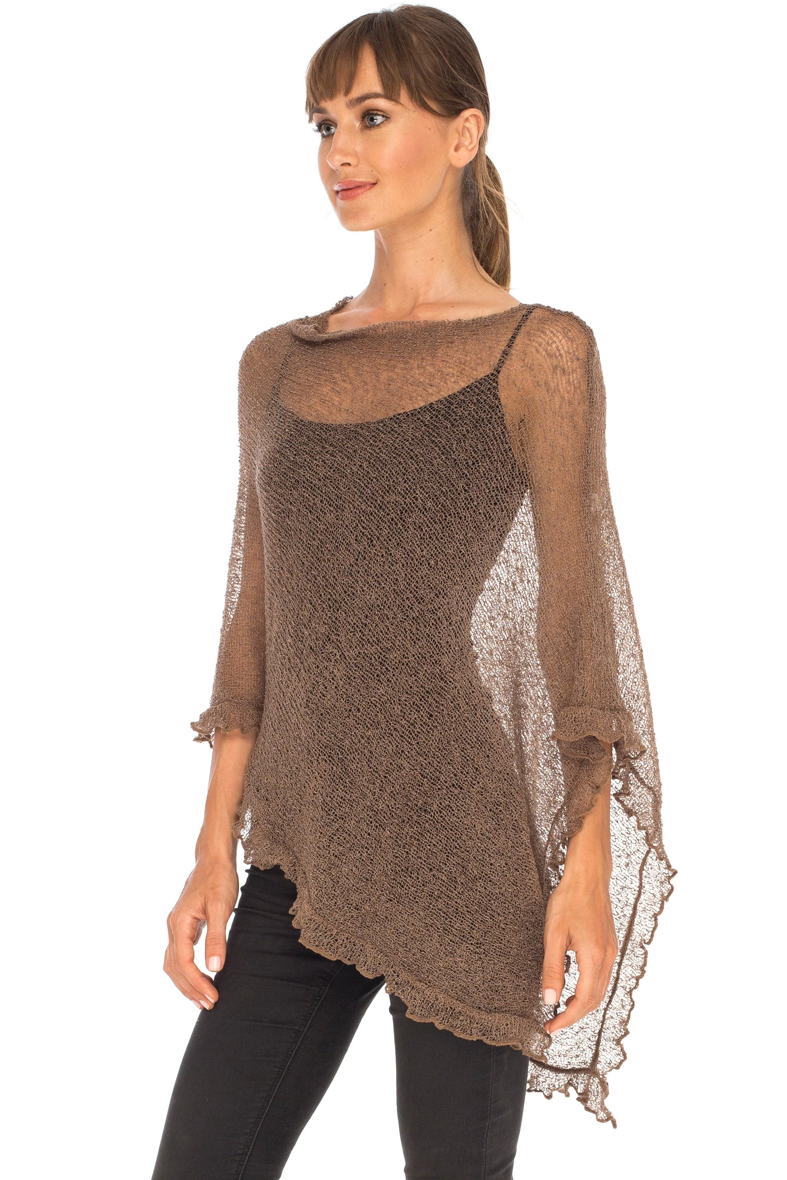 SHU-SHI Womens Sheer Poncho Shrug Lightweight Knit Ruffle Pullover Sweater Top