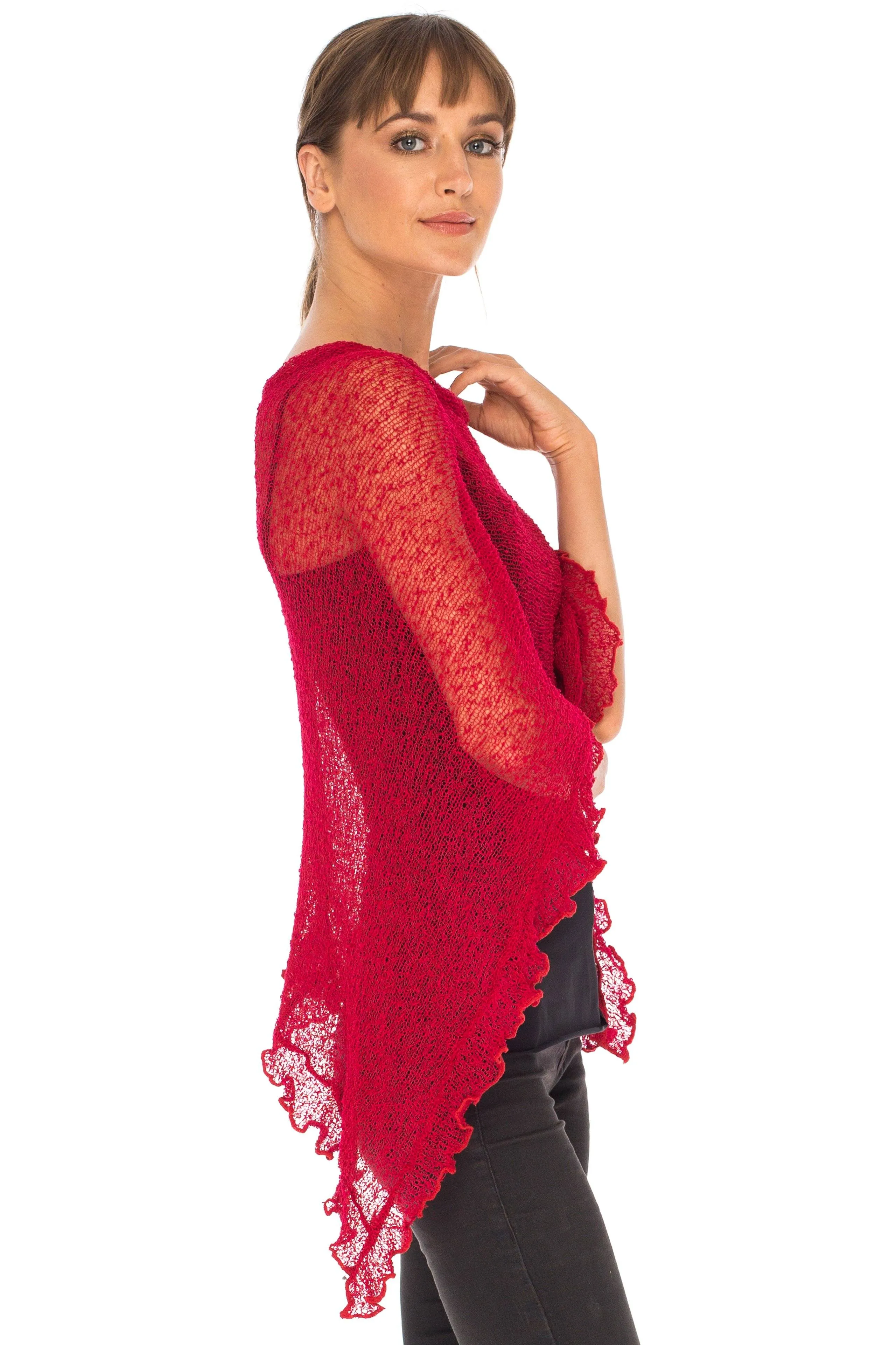 SHU-SHI Womens Sheer Poncho Shrug Lightweight Knit Ruffle Pullover Sweater Top