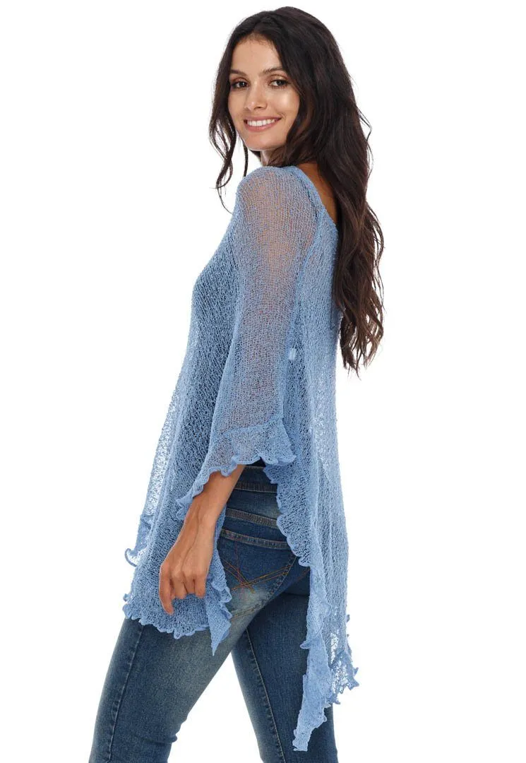 SHU-SHI Womens Sheer Poncho Shrug Lightweight Knit Ruffle Pullover Sweater Top